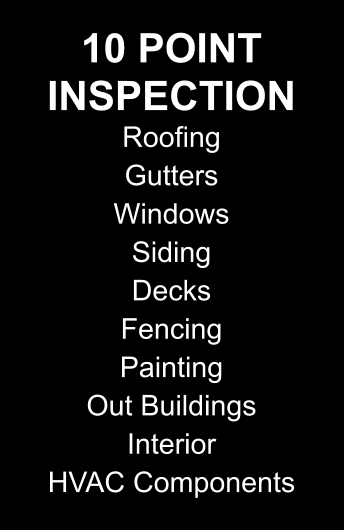 10 Point Inspection Roofing Gutters Windows Siding Decks Fencing Painting Out Buildings InteriorHVAC Components